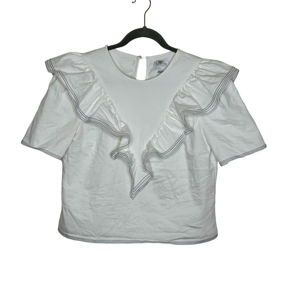SAYLOR White Ruffle Trim Short Sleeve Blouse